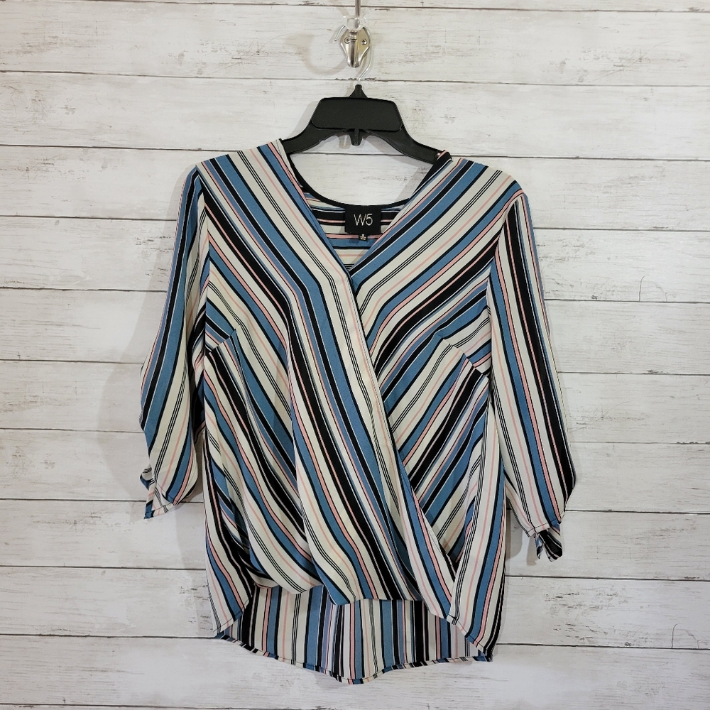 W5 by Anthropologie Striped Surplice Faux Wrap 3/4 Sleeve Top Work Career Size S